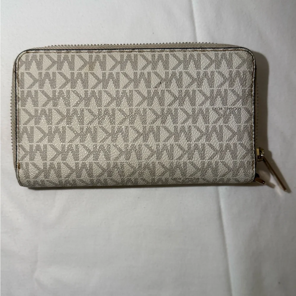 Michael Kors Beige Logo Zip-Around Wallet with Gold Hardware